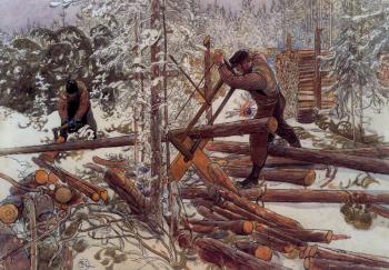 Carl Larsson : Woodcutters in the forest